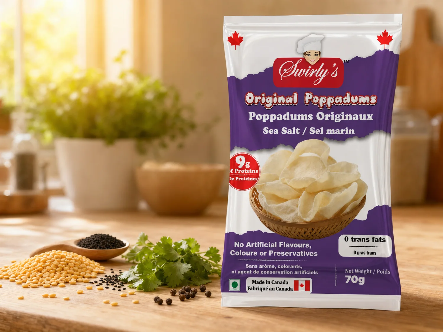 Swirly's Original Poppadums packet on a wooden kitchen surface with split yellow lentils, fresh coriander leaves, cumin seeds and peppercorns