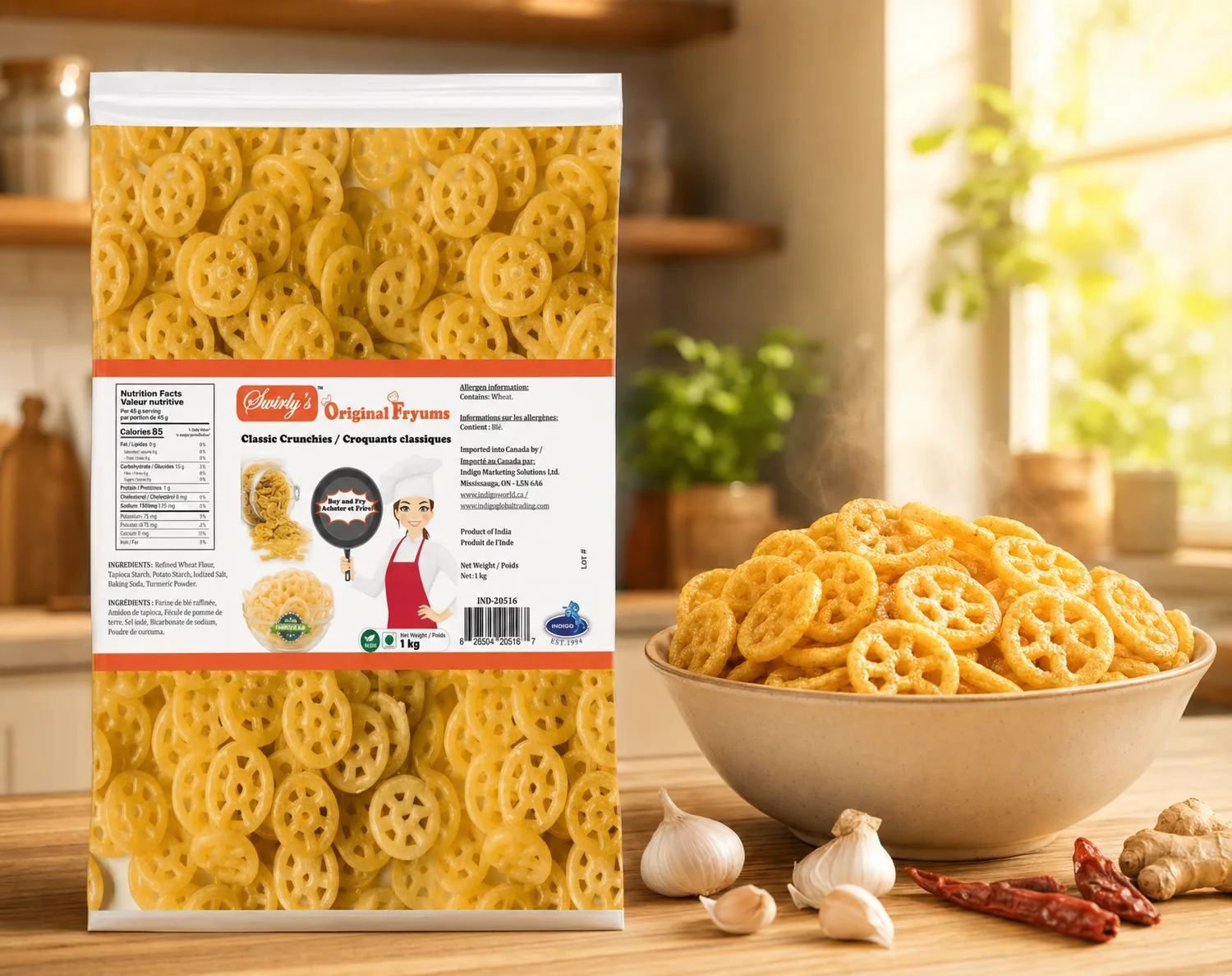 Swirly's Original Fryums Classic Crunchies 1kg packet beside a generous bowl of golden fried Fryums, with garlic, ginger and dried red chillies on a wooden kitchen surface