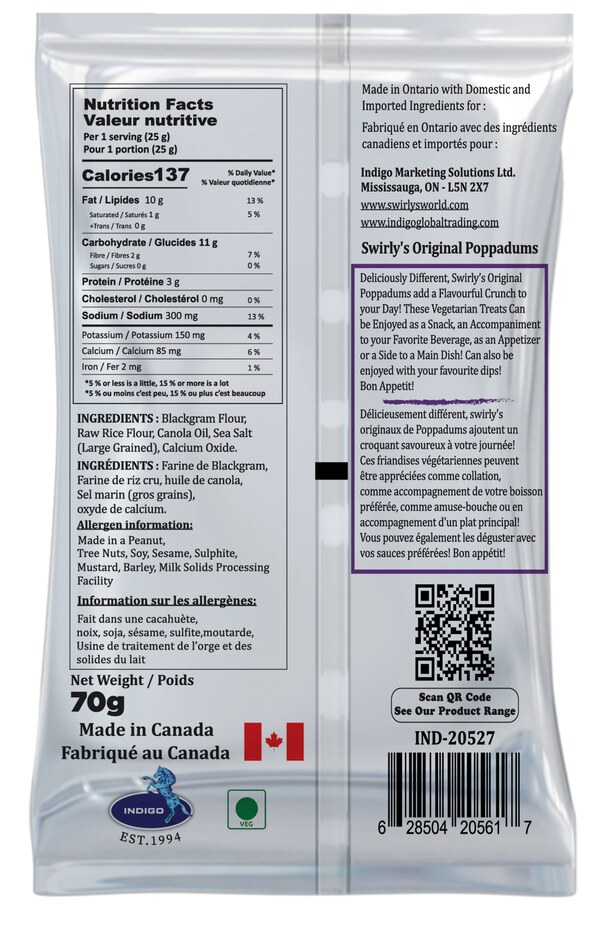 Swirly's Original Poppadums packet, back