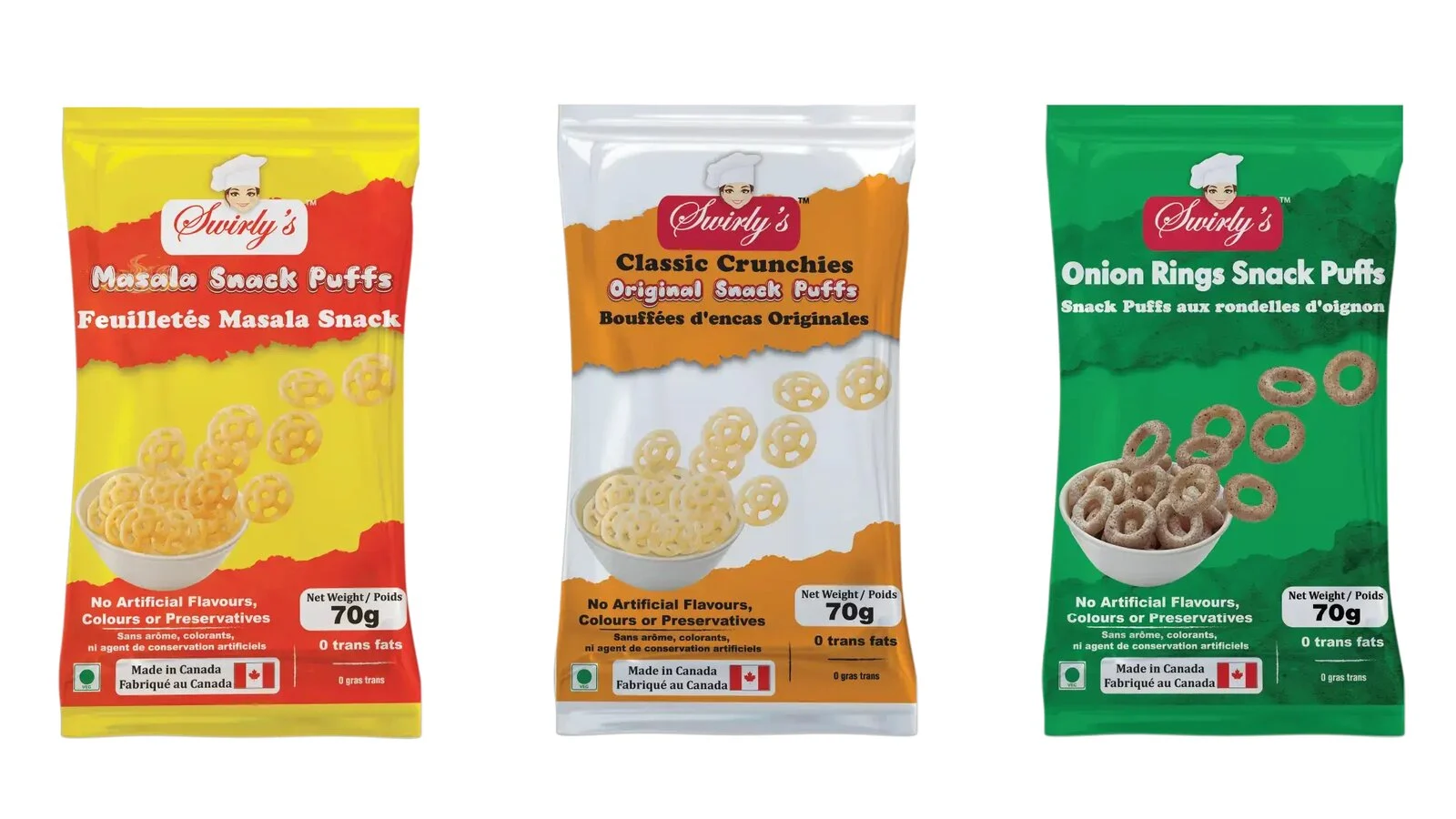 Three Swirly's Snack Puffs packets - Classic Crunchies, Masala, and Onion Rings
